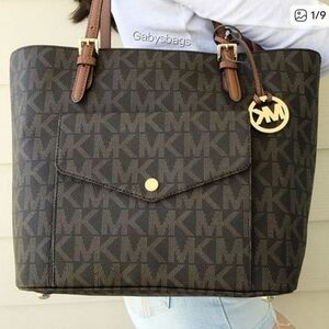 Michael Kors Jet Set Bag Purse 35S6GTTT3B Brown Tan Beige Cream Gold MK Logo